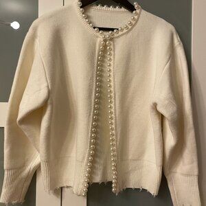 Ivory Pearl Trim Cardigan | Raw Hem | Chanel-Inspired | Cropped Knit